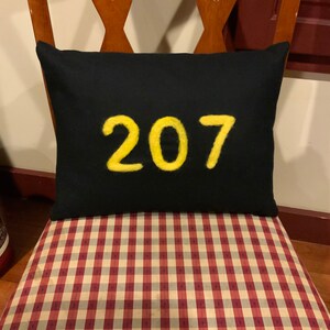 May include: A black pillow with the number 207 embroidered in yellow felt.