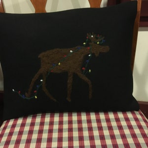 Moose Christmas Lights Needle felted Pillow