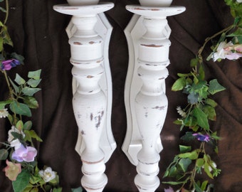 White Candle Sconces, Candlestick Holders, Shabby Cottage Chic. Matching Set of 2, Distressed, Painted