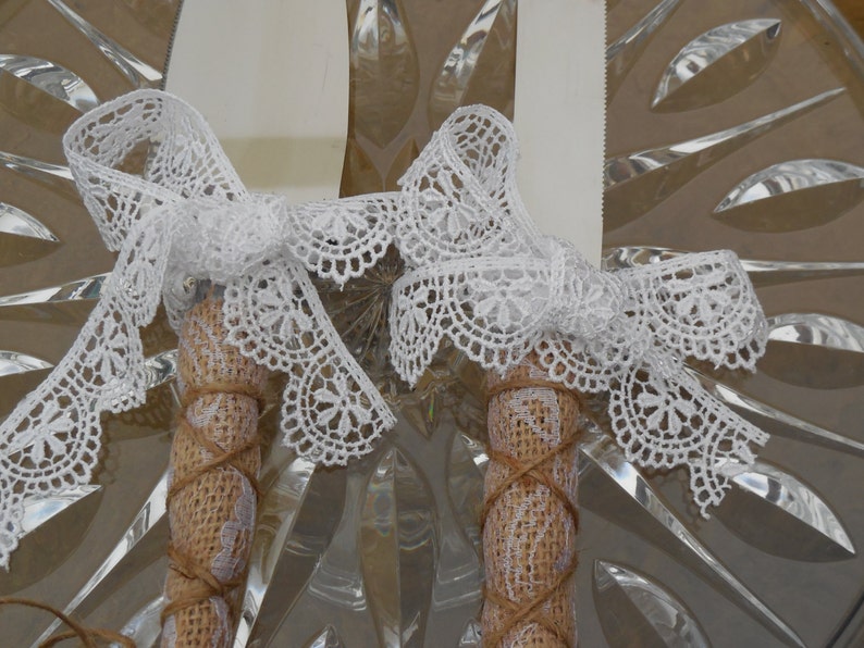 Cutting Set Rustic Ivory or White Venetian Lace Wedding Cake Server and Knife Burlap and Lace