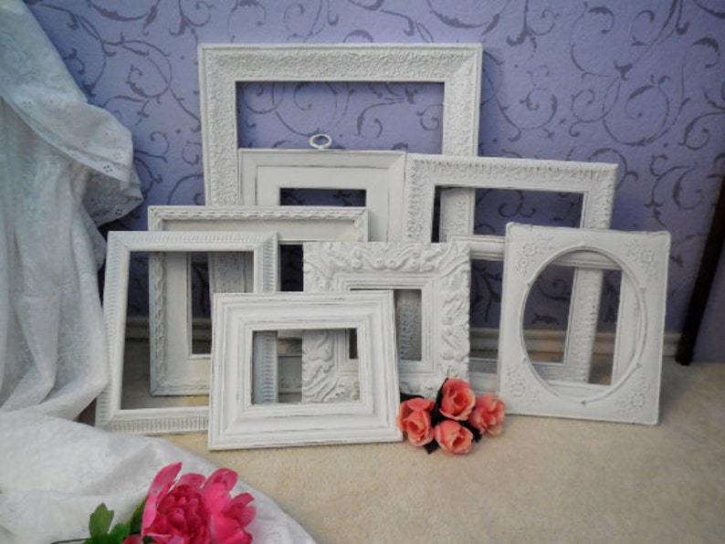 White Picture Frame Set Open Ornate Frames Distressed Custom Gallery Wall Shabby Chic FREE SHIPPING