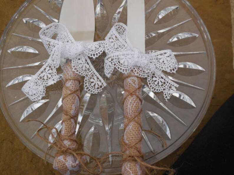 Cutting Set Rustic Ivory or White Venetian Lace Wedding Cake Server and Knife Burlap and Lace