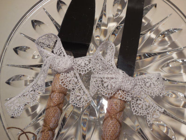 Cutting Set Rustic Ivory or White Venetian Lace Wedding Cake Server and Knife Burlap and Lace