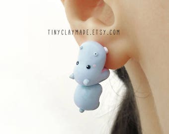 Cute hippo bite earring, polymer clay animal earring, cute animal earring, bite earring