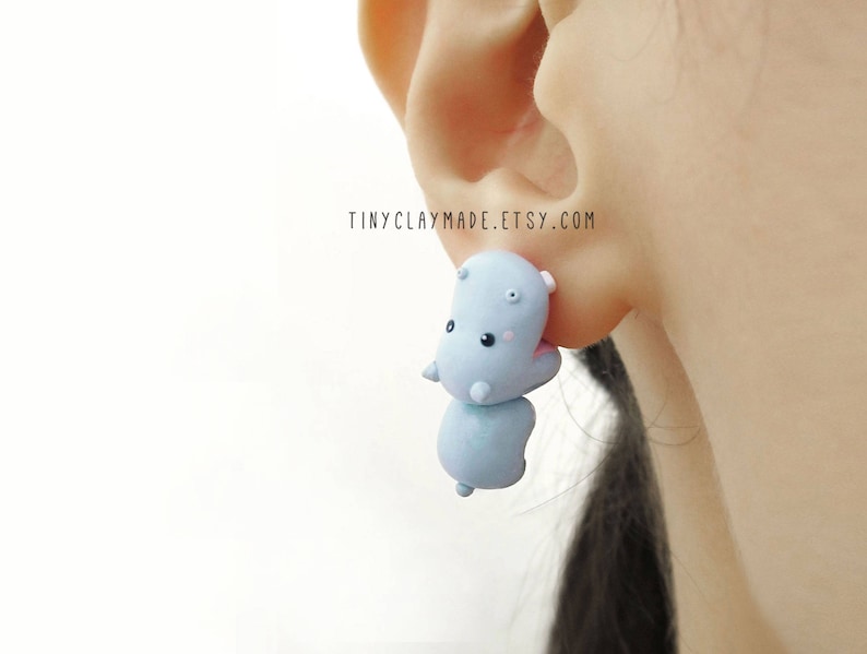 Cute hippo bite earring, polymer clay animal earring, cute animal earring, bite earring image 1