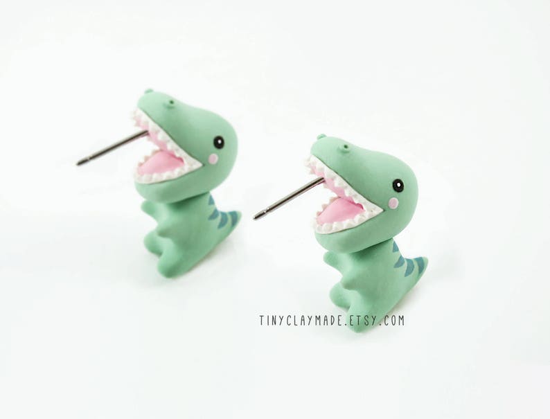 Cute T rex dinosaur bite earring, polymer clay animal earring, cute animal earring, bite earring image 3