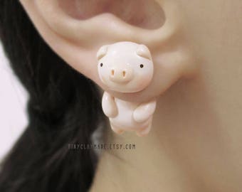Süßer Schweine Ohrring, zweiteiliger Ohrring, Fake Gauge, Polymer Clay Ohrring