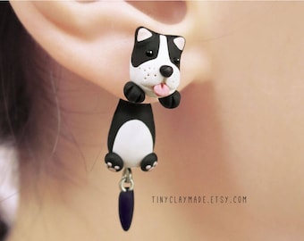 Süßer Boston Terrier Hund, zweiteiliger Ohrring, Fake Gauge, Polymer Clay Ohrring