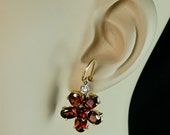 14K Yellow Gold Red Garnet Petals Diamond Center Daisy Floral Earrings
