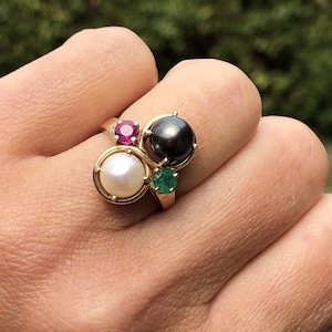 14K Yellow Gold White & Tahitian Pearl Emerald Ruby Toi Et Moi Vintage Ring