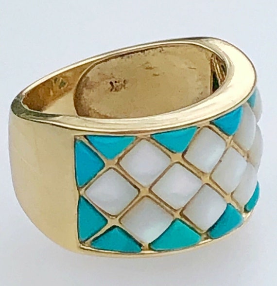 14K Yellow Gold Ring Turquoise Mother Of Pearl Wi… - image 9