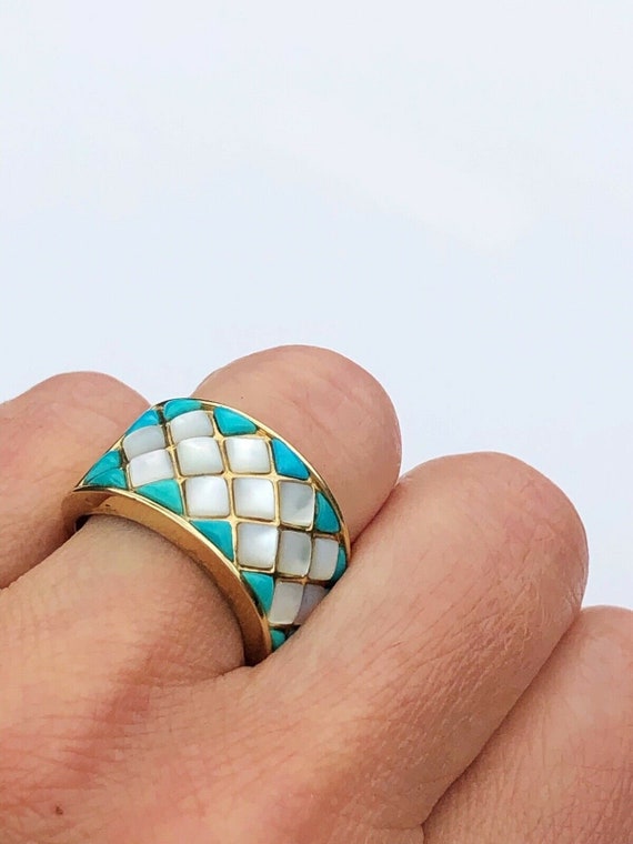14K Yellow Gold Ring Turquoise Mother Of Pearl Wi… - image 3