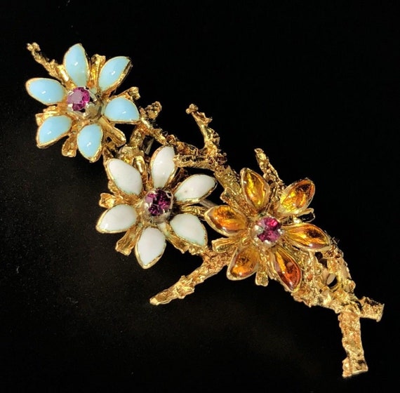 Italian 18K Yellow Gold Ruby Enamel Flower Bloomi… - image 3