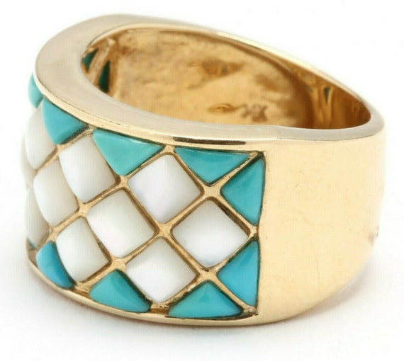 14K Yellow Gold Ring Turquoise Mother Of Pearl Wi… - image 8