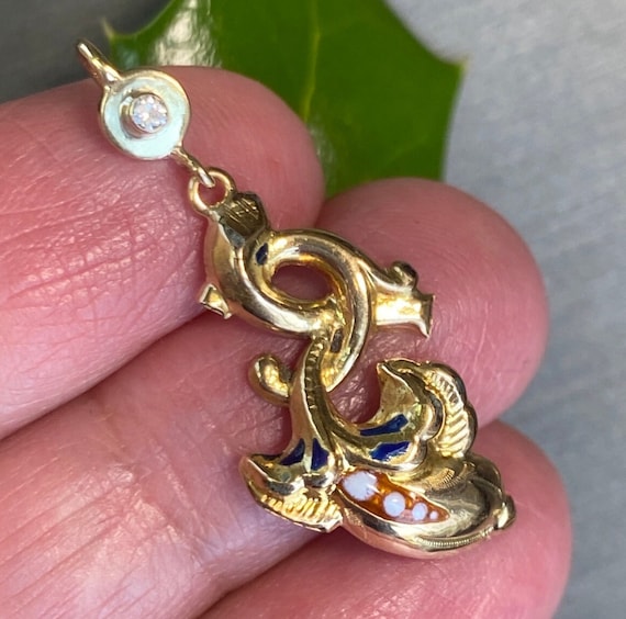 Antique Victorian 14K Yellow Gold Diamond Enamel … - image 1