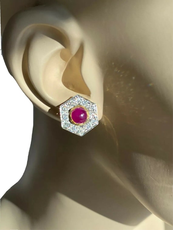 Cabochon Ruby Diamond Halo 14K Yellow Gold Vintag… - image 6