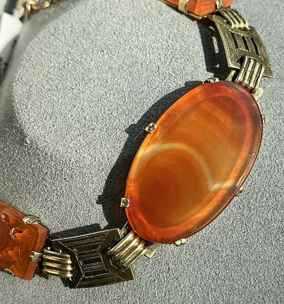 Art Deco 14K Yellow Gold Carved Orange Agate Stat… - image 4