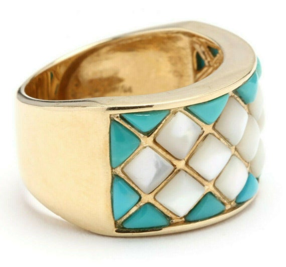 14K Yellow Gold Ring Turquoise Mother Of Pearl Wi… - image 6