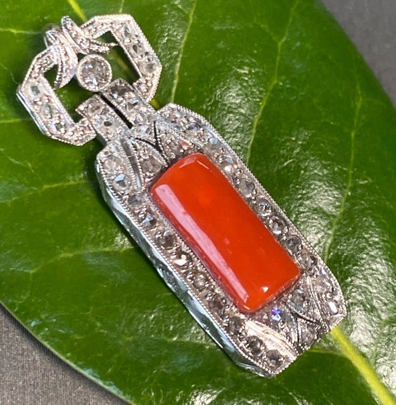 Art Deco Platinum Diamond Coral Mother of Pearl An