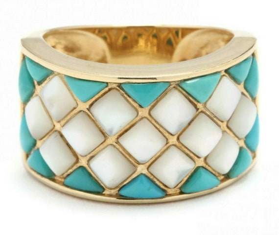 14K Yellow Gold Ring Turquoise Mother Of Pearl Wi… - image 5