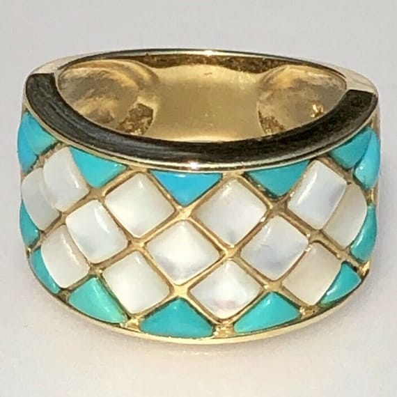 14K Yellow Gold Ring Turquoise Mother Of Pearl Wi… - image 1