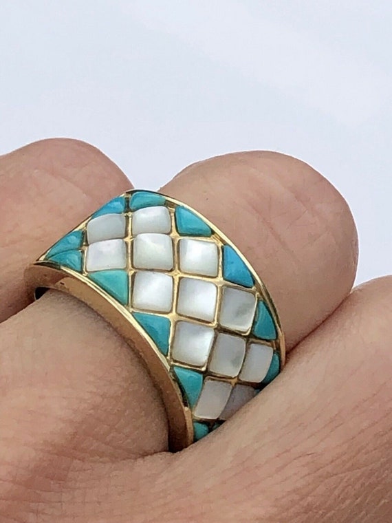 14K Yellow Gold Ring Turquoise Mother Of Pearl Wi… - image 2