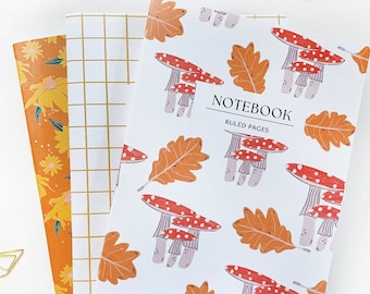 Set van 3 herfstpatroon notitieboekjes, herfstpatroon notitieboekje, paddestoel notitieboekje, herfst paddestoel notitieboekje, hand gestikt dagboek, geel notitieboekje