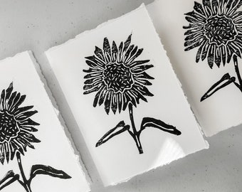 Handmade Sunflower Cards, Block Print Stationery Card, Blank Card for Birthday Wedding Congratulations Thinking of You Card, Set of 8