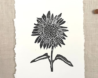 Sunflower Art Print, Block Printed Flower, Linocut Sunflower Print, Hand printed Sunflower, Flower Art, Block Print Wall Art,