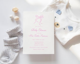 Roze strik baby shower uitnodiging, lint minimalistische baby shower uitnodiging, hand getekende golvende baby shower uitnodiging digitale sjabloon, BEWERKBAAR