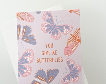 You Give me Butterflies Card, Valentine's Card, Love Card, Be Mine Card, I love you card, Anniversary Card, Pink and Purple Butterflies Card