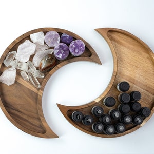 Moon Tray Crystal Holder and Display -Acacia Wood Tray for Stones, Healing Crystals and Gemstones Storage - Jewelry, Rings, Essential Oils