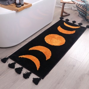 Black Boho Bathroom Rug Runner Moon Phases Bath Mat With Tassels - Half ...