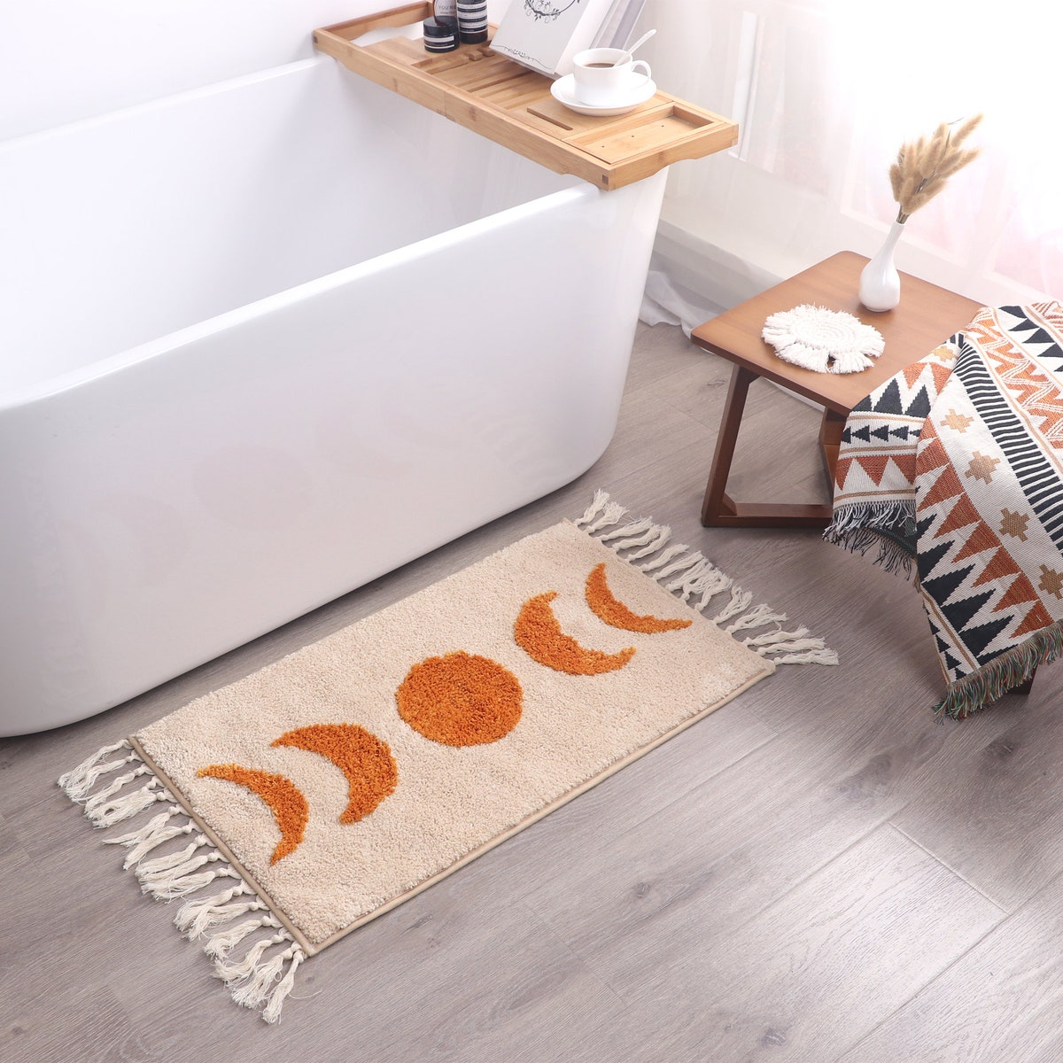Abstract Rug White Boho Bathroom Mat Beige Geometric Arches Bath Rugs Mustard Mid Century Modern Mats Bohemian Decor Bathmats Dorm Decor
