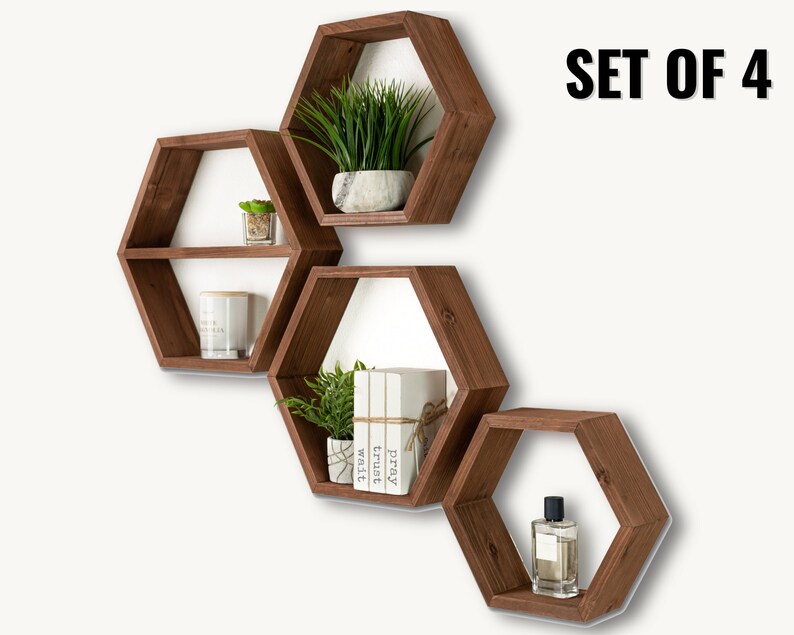 Hexagon Shelves Brown Large Set of 4 Shelves Etsy