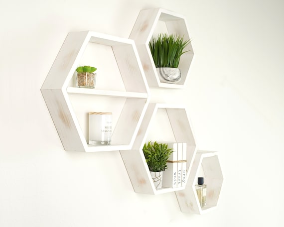 Hexagon Floating Shelves Set Of 4, Distressed White Wood Floating Shelves