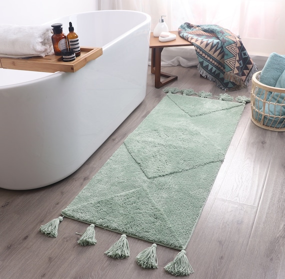 Mint Green Bath Mat Boho Runner Rug Long Light Green Bathmat Teal