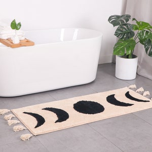 Black Boho Bathroom Rug Runner Moon Phases Bath Mat with Tassels - Half Moon Bohemian Rugs for Bathroom, Bedroom Moon Rug Witchy Decor