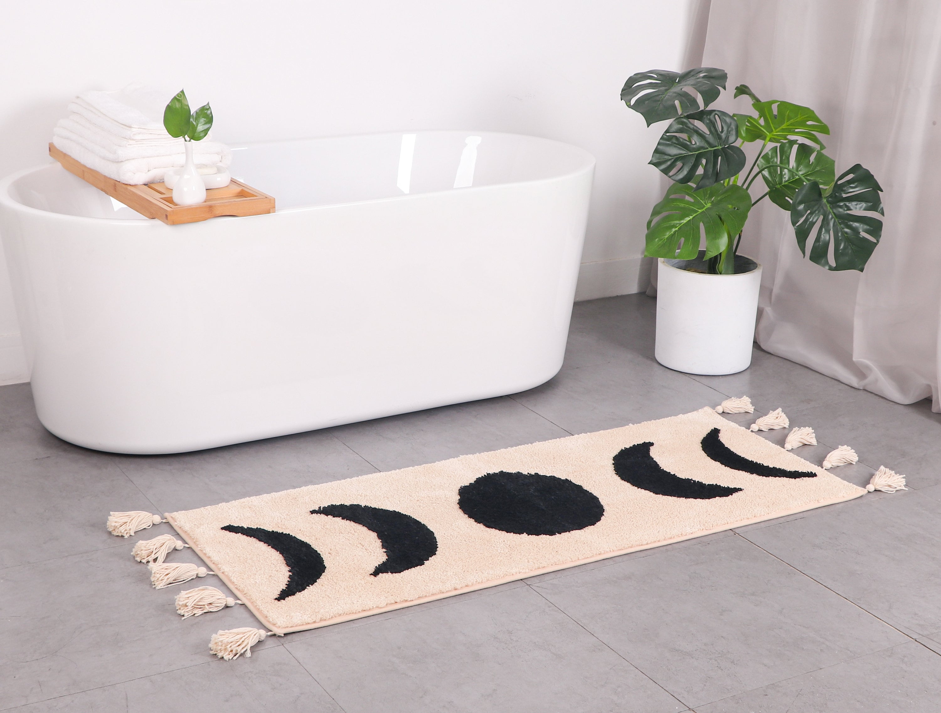 Boho Bathroom Rug Runner Moon Phases Bath Mat With Tassels Half