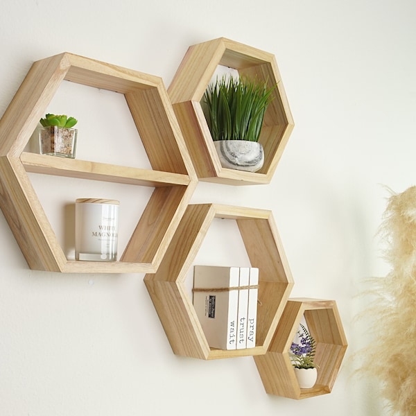 Hexagon Shelves - Large Set of 4 - Honeycomb Shelves - Natural Wood Octagon Shelves - Wall Shelf Honeycomb Decor Wooden Honey Comb