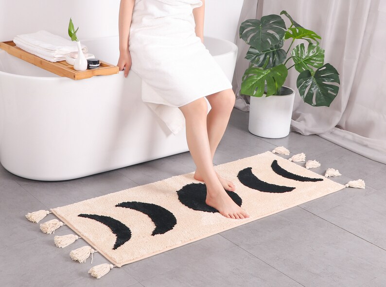 Boho Bathroom Rug Runner Moon Phases Bath Mat With Tassels Etsy