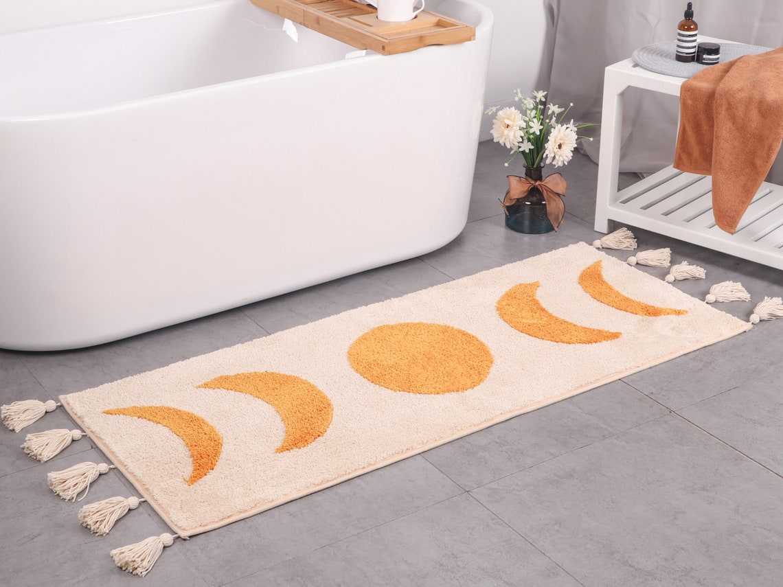 Boho Bathroom Rug Runner Moon Phases Bath Mat With Tassels Etsy