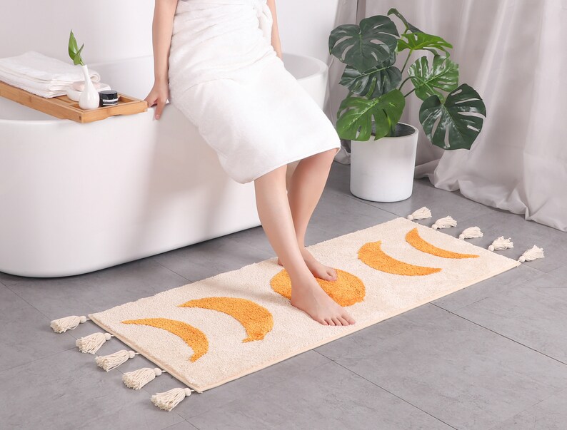 Boho Bathroom Rug Runner Moon Phases Bath Mat With Tassels Etsy