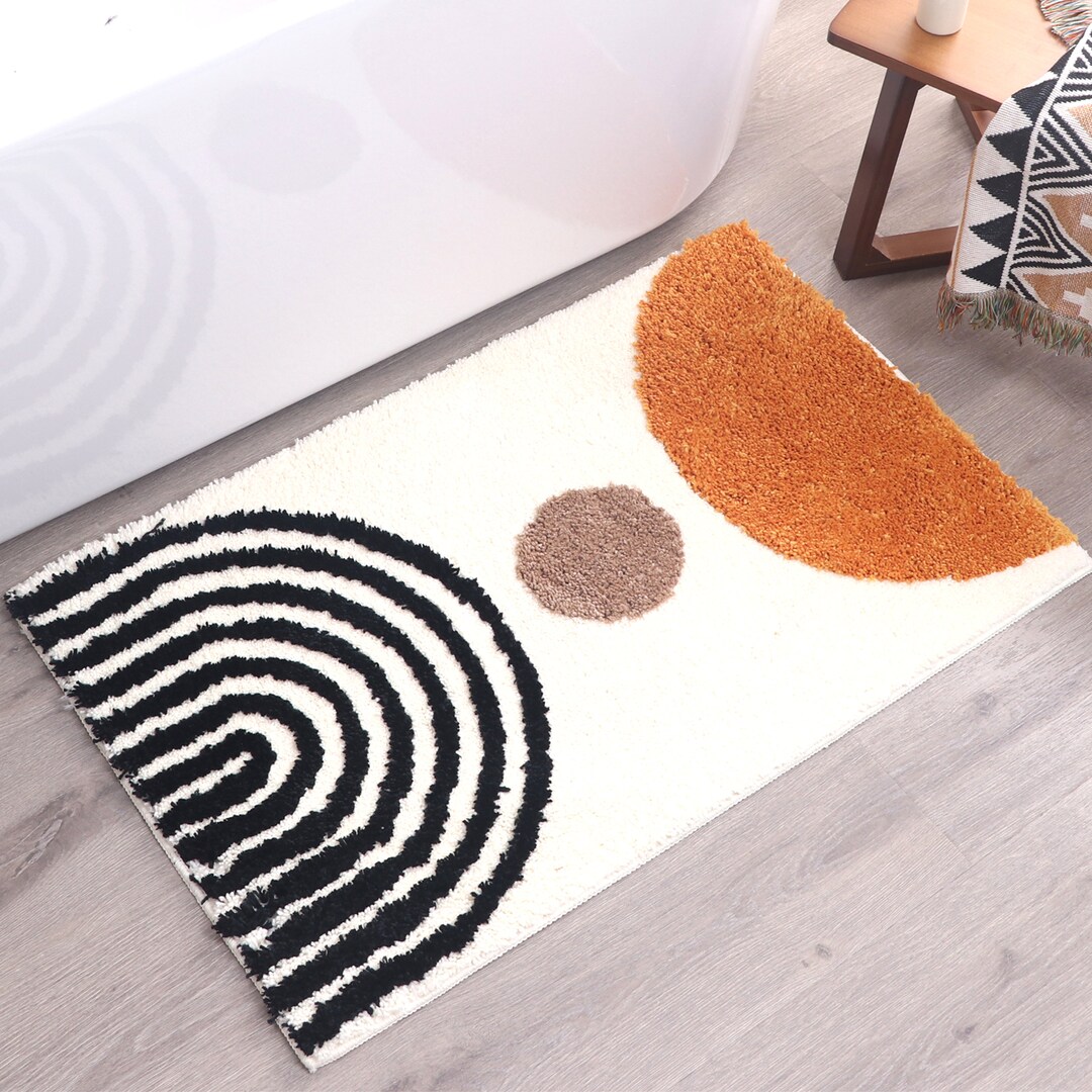 Abstract Rug White Boho Bathroom Mat Beige Geometric Arches Bath Rugs