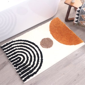 Ultra Soft Boho Bath Mat – Cream Rug with Mustard Orange & Black Accents, Machine Washable