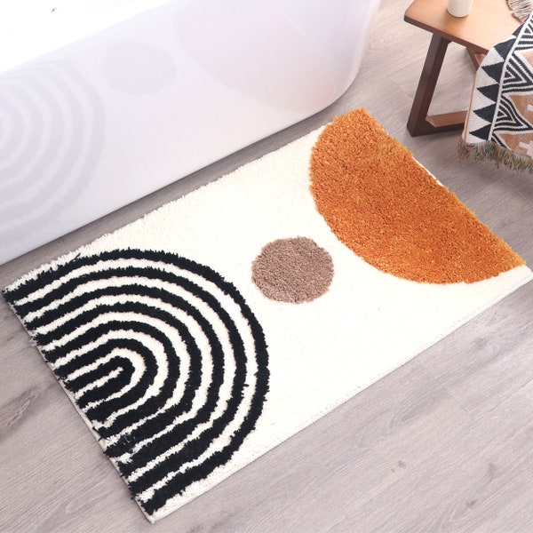 Abstract Rug White Boho Bathroom Mat Beige Geometric Arches Bath Rugs Mustard Mid Century Modern Mats Bohemian Decor Bathmats Dorm Decor