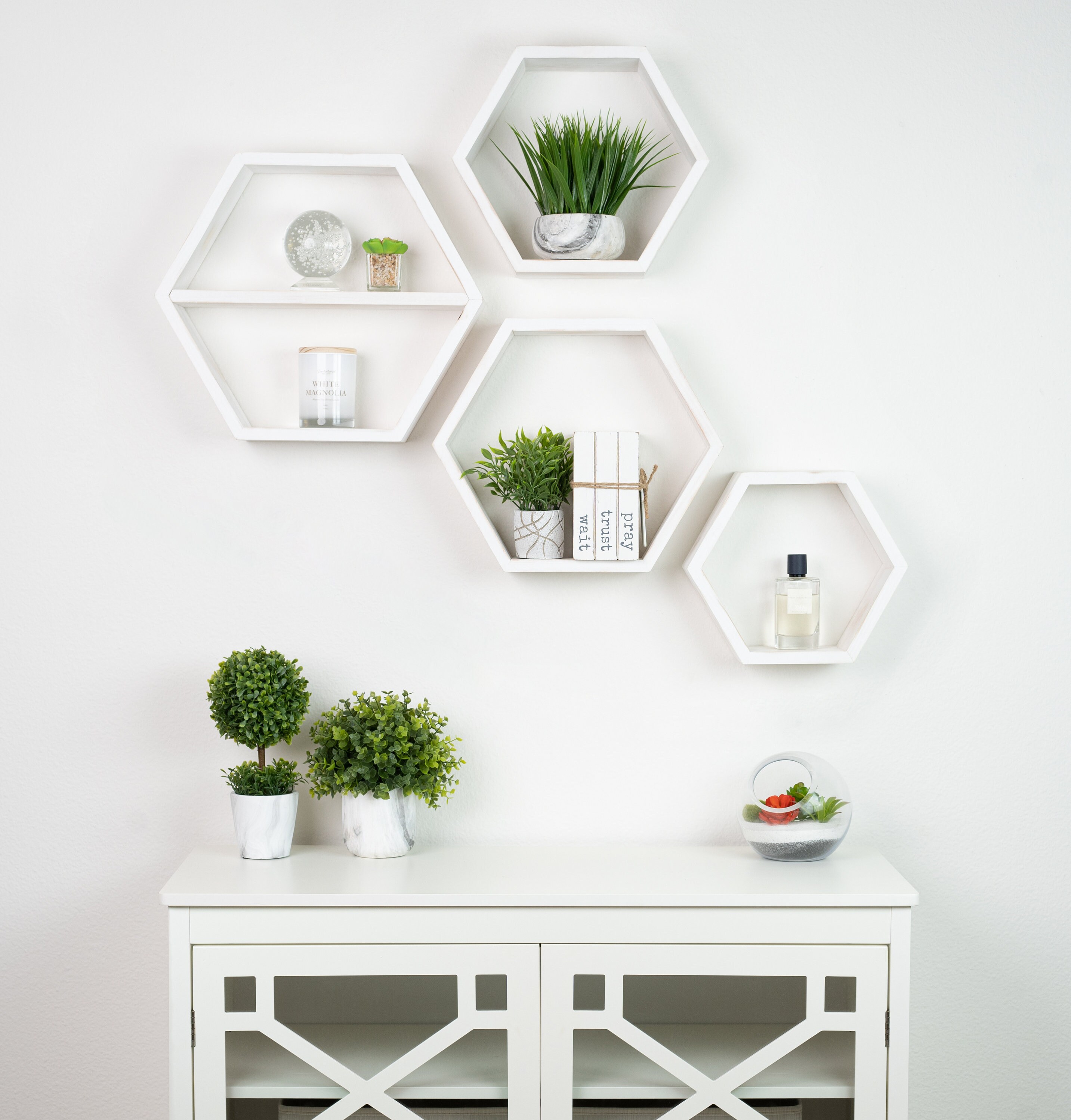 Hexagon Floating Shelves Set of 4 Rustic Distressed White Etsy