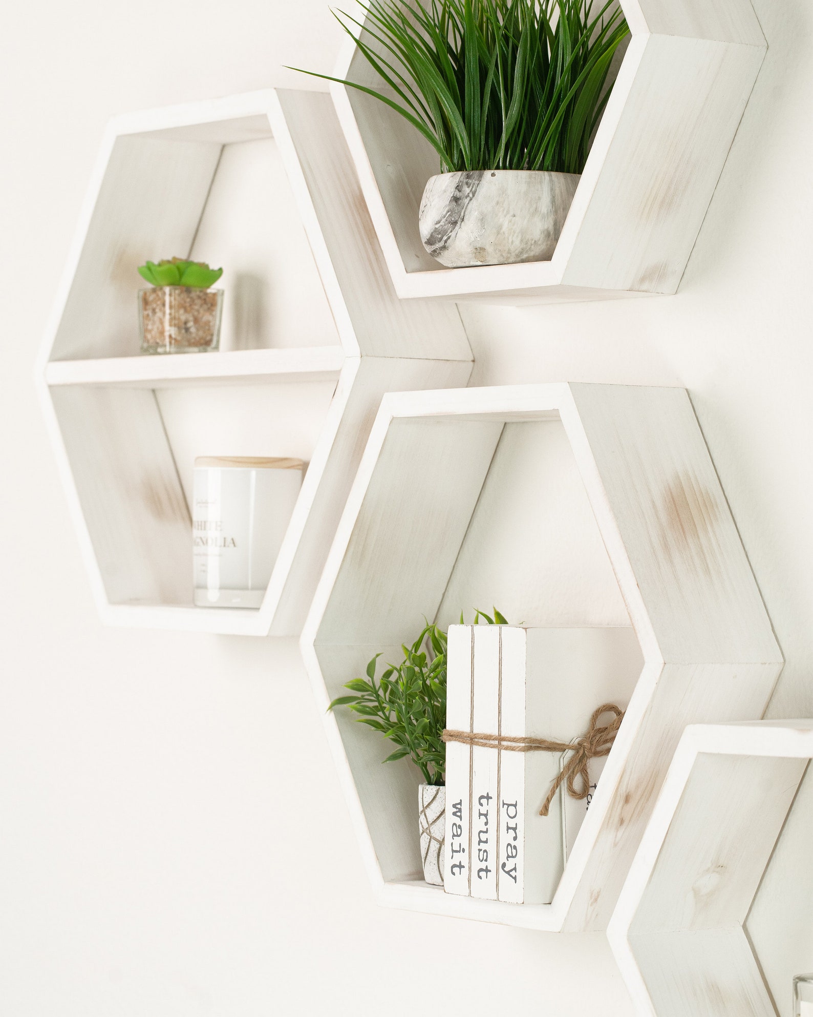 Hexagon Floating Shelves Set of 4 Rustic Distressed White Etsy