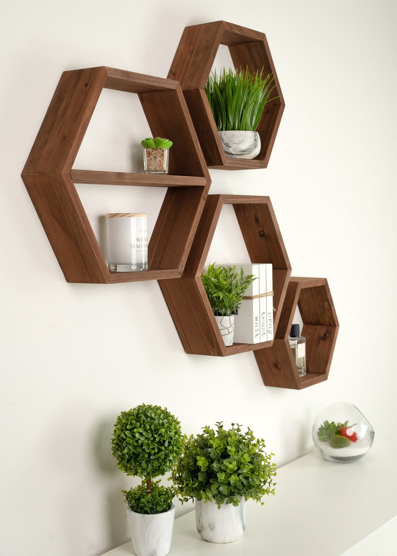 Hexagon Shelves Brown Large Set of 4 Shelves Etsy