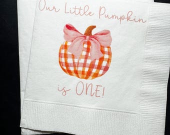 Pumpkin First Birthday Pink Pumpkin Pink Bow Happy Birthday Lil' Pumpkin Fall First Birthday Cocktail, Luncheon or Dinner Napkins Set of 25